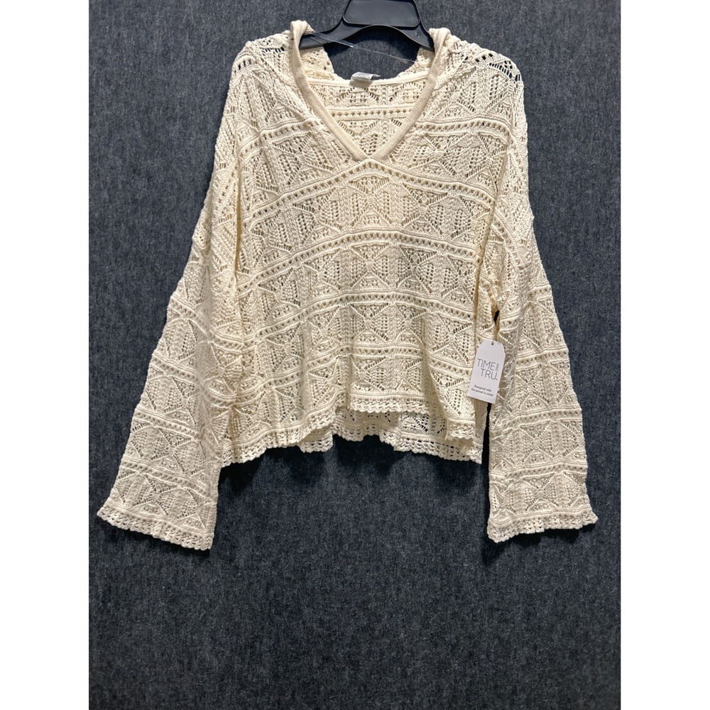Time and Tru Crochet Hoodie Women XL Cream Boho Open Knit V-Neck Sweater Coverup